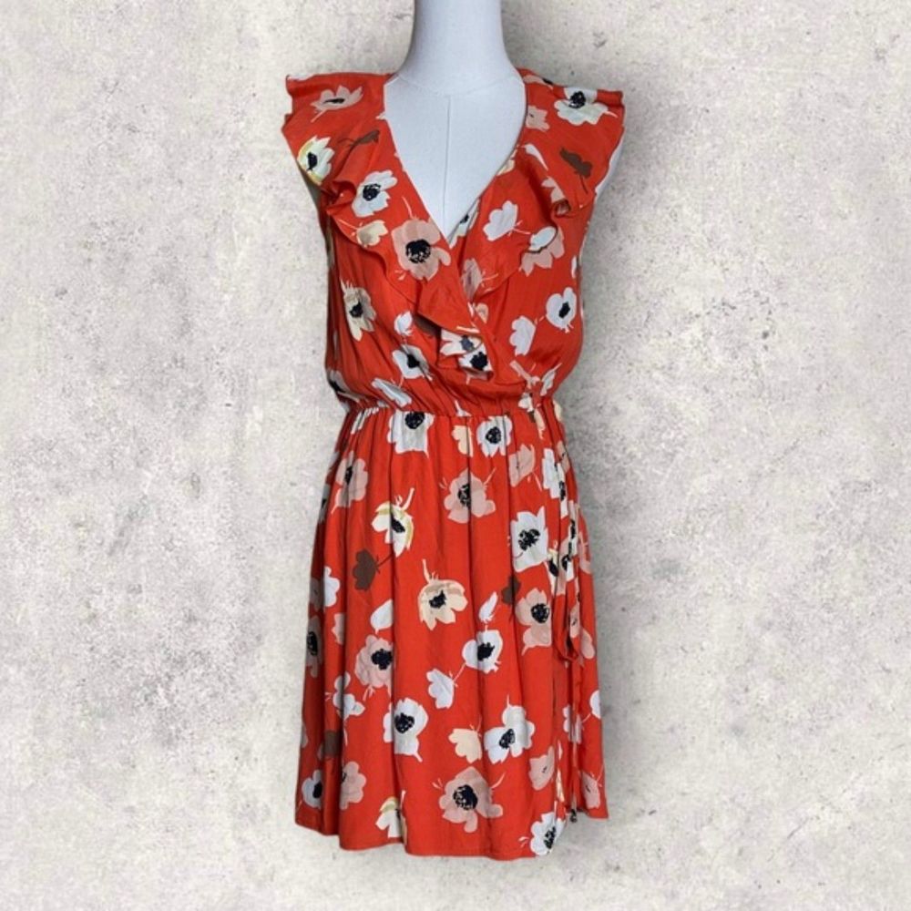 Zara Flowing Floral Print Crossover Dress XS Ruffle V-Neck Tunic Mini Orange NWT